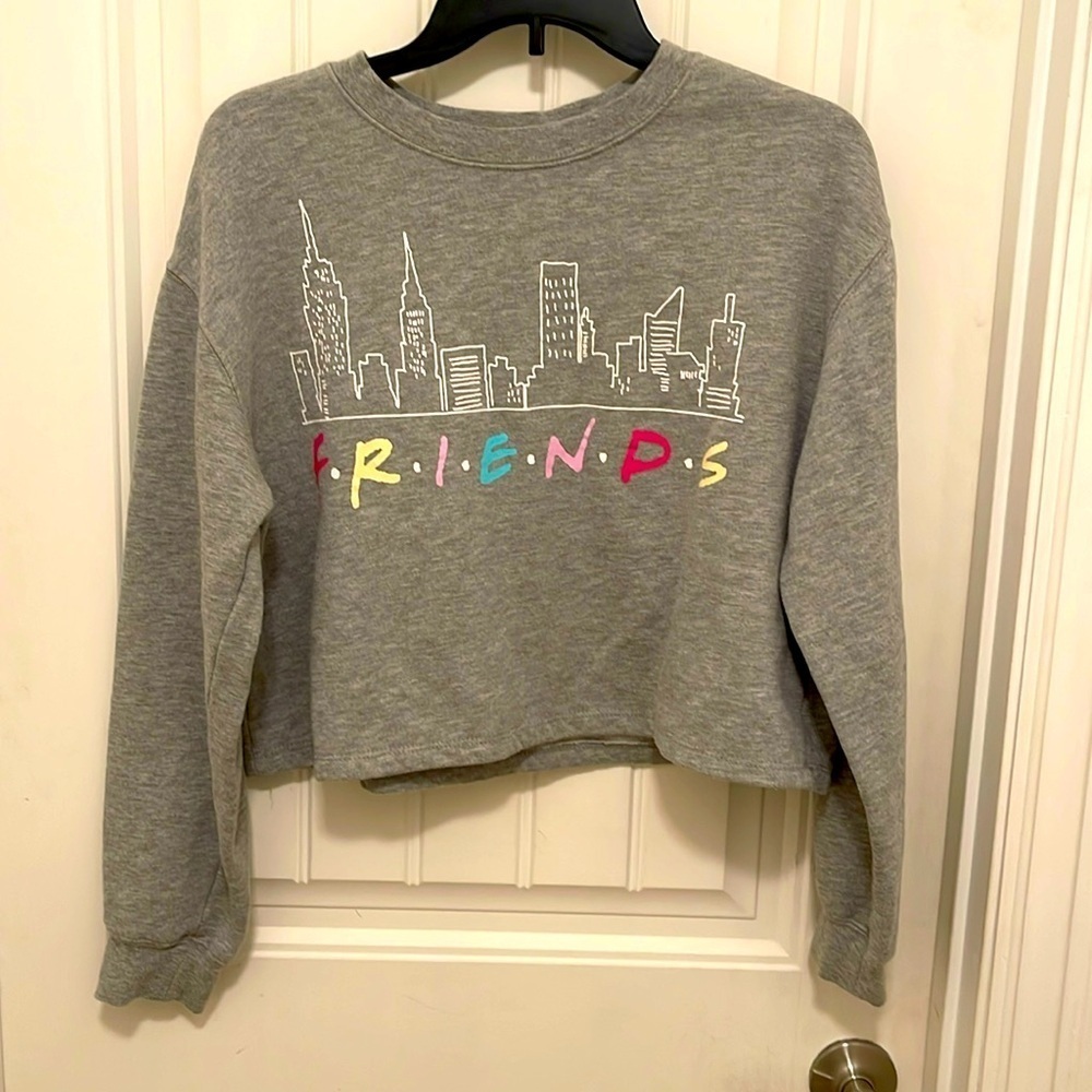 Friends Cropped Long Sleeve Sweatshirt women's Size M Gray, multicolor letters